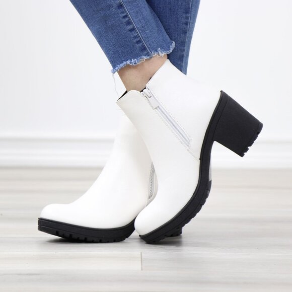 White Ankle Boots Chunky Lug Block Heel  Synthetic Leather Round Toe - Picture 8 of 12